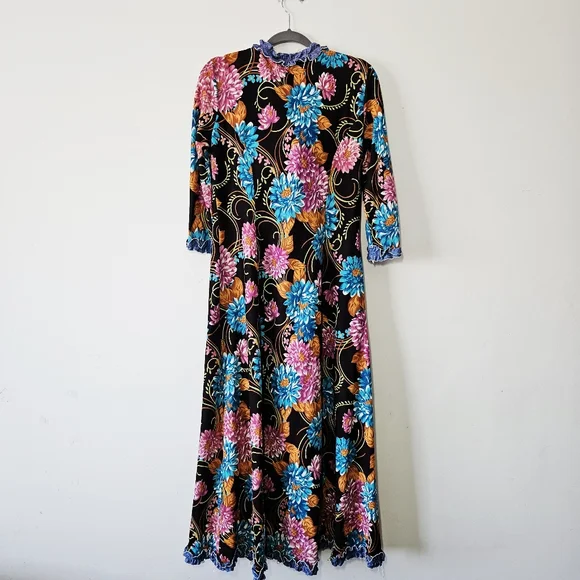 Vintage 70's Floral House Dress Conrad Lingerie Montreal Size M Maxi - Picture 3 of 4